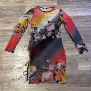 Fashion Nova Vibrant Floral Sheer Long Sleeve Dress